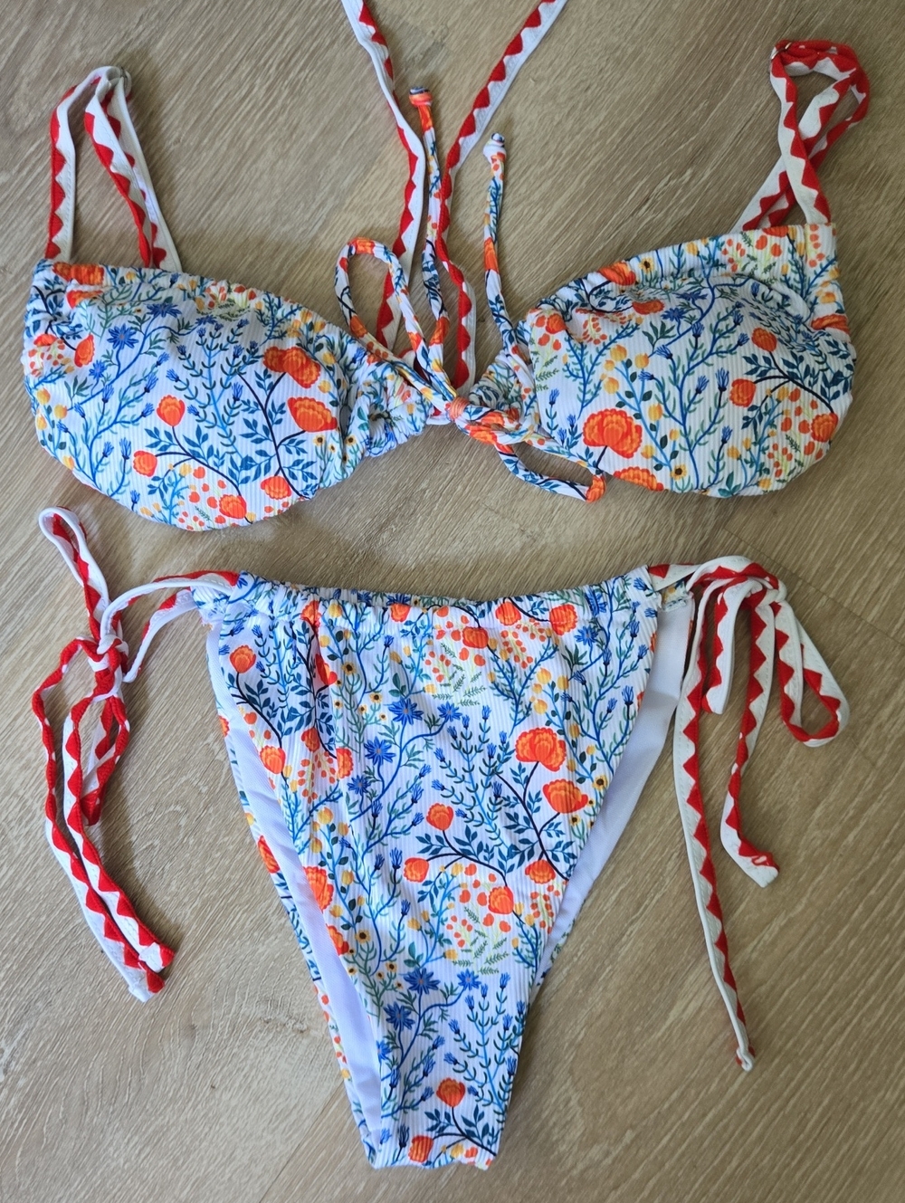 Floral Tie-Side Bikini Set - White with Orange & Blue Print